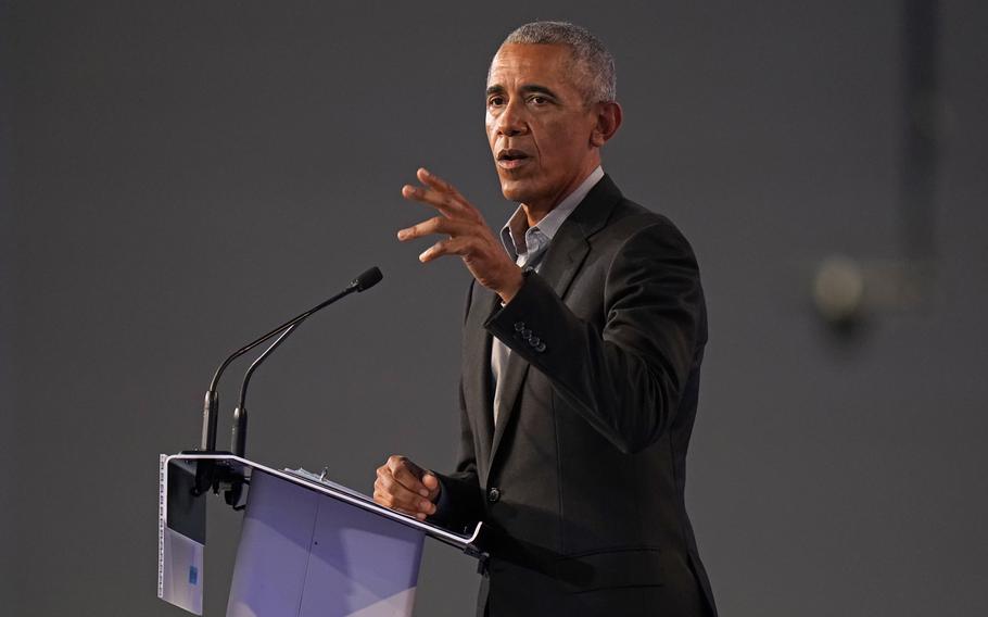 Former U.S. President Barack Obama speaks during the COP26 U.N. Climate Summit in Glasgow, Scotland, Monday, Nov. 8, 2021. Obama said Sunday, March 13, 2022, he has tested positive for the coronavirus.