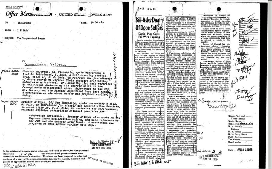 An FBI file from the archive of Ernie Lazar from 1956. Ernie Lazar’s archival collection helped shed light on much of the 37 years of J. Edgar Hoover’s FBI spanning the 1950s Cold War paranoia, the civil rights showdowns and the rise of nativist groups such as the John Birch Society.