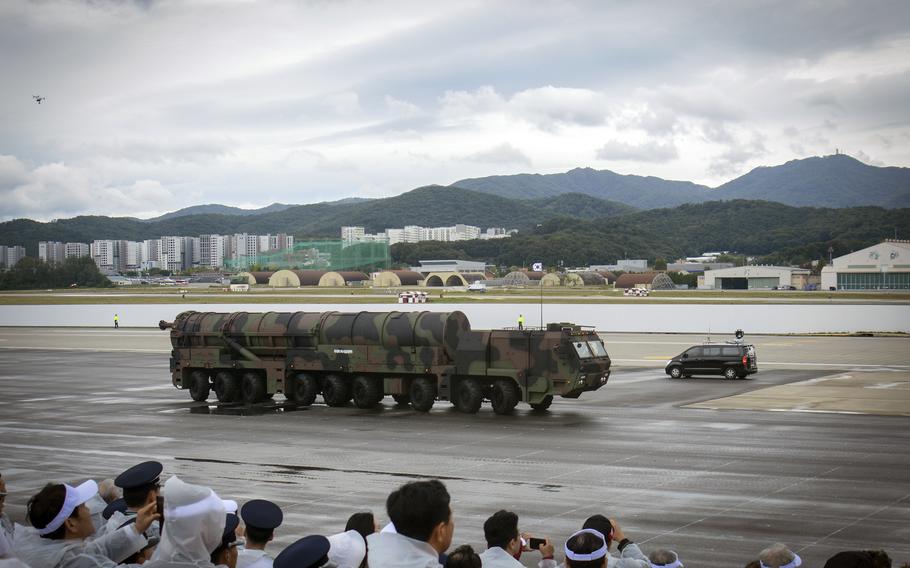 A South Korean transporter erector launcher carrying a Hyunmoo-5 missile is paraded in Seoul.