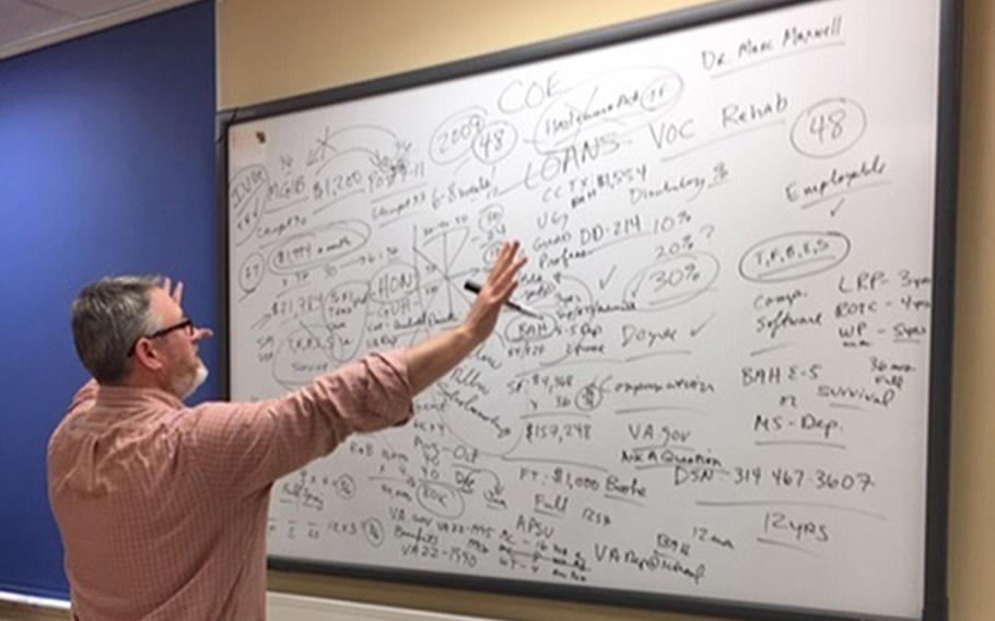 Marc CB Maxwell, an education services specialist, explains GI Bill benefits in 2019 in Ansbach, Germany. A Senate bill has been introduced that would force the Veterans Administration to fix problems that have prevented payment of educational benefits for an estimated 3,000 U.S. veterans enrolled in overseas academic institutions.