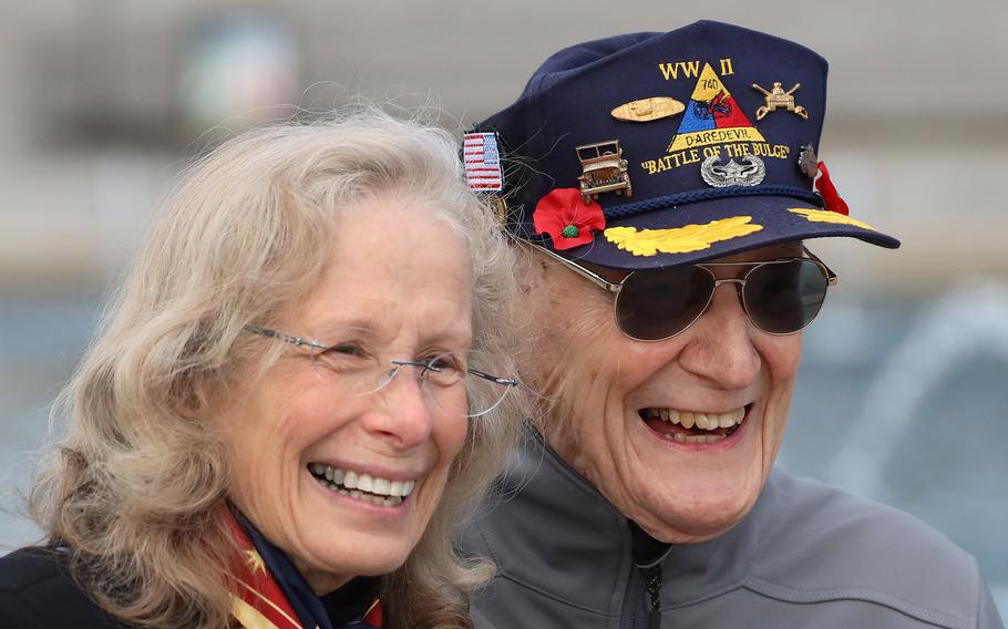 Veteran Harry Miller poses for a photo before the Veterans Day ceremony at the National World War II Memorial in Washington, November 11, 2023.