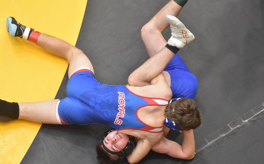 Ramstein’s Jackson Eves defeated Sigonella’s Reagan Rosier at 132 pounds Friday, Feb. 9, 2024 at the DODEA European Wrestling Championships in Wiesbaden, Germany.