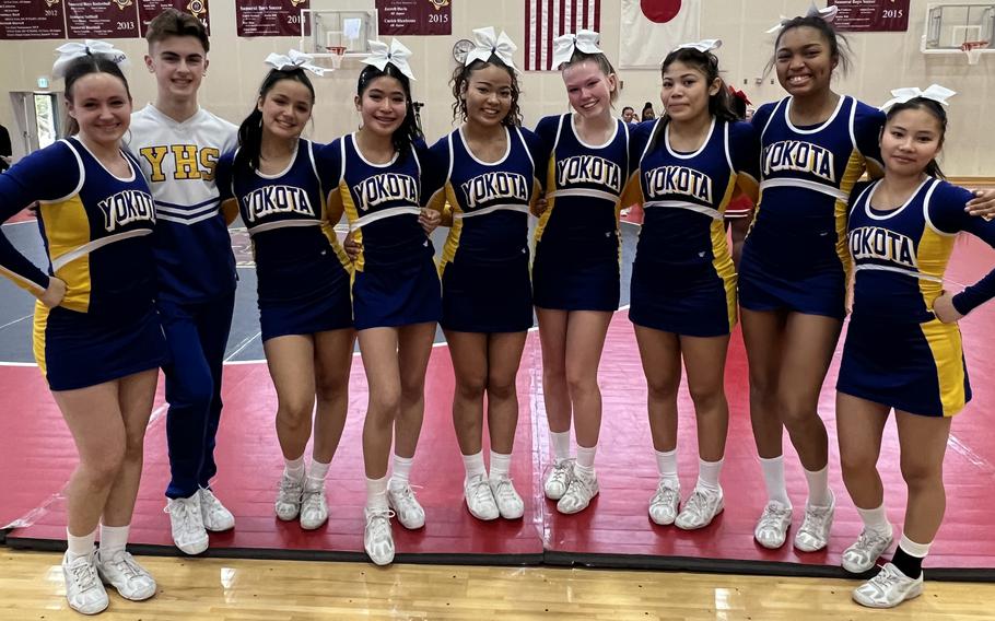 Far East Division II cheerleading champion Yokota: Juniors Sara Brough, Aimi Burns, Tiara Royster, Trinity Stegall, Kohana Thai, Malia Hutchins; sophomores Aruenne Canta and Kiele Klaus; and freshman Rocco Overton.