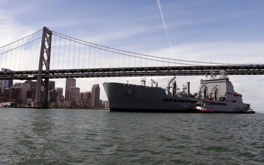 The John Lewis-class fleet replenishment oiler USNS Harvey Milk transits the San Francisco Bay on March 28, 2024.