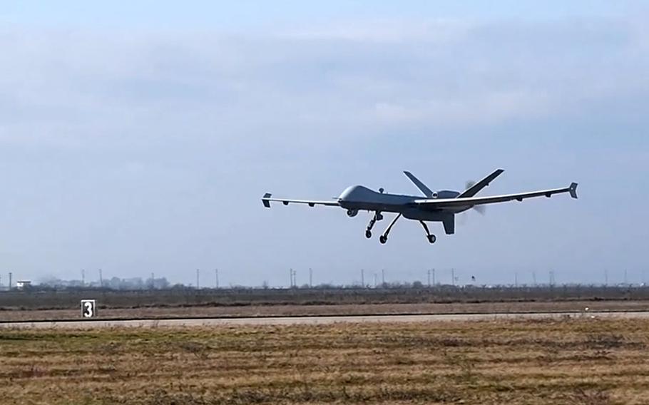 In this video screenshot, an Air Force MQ-9 Reaper takes off from Campia Turzii Air Base in Romania in 2021. Human error caused a Reaper to crash near the base July 14, 2022, an Air Combat Command investigation concluded.