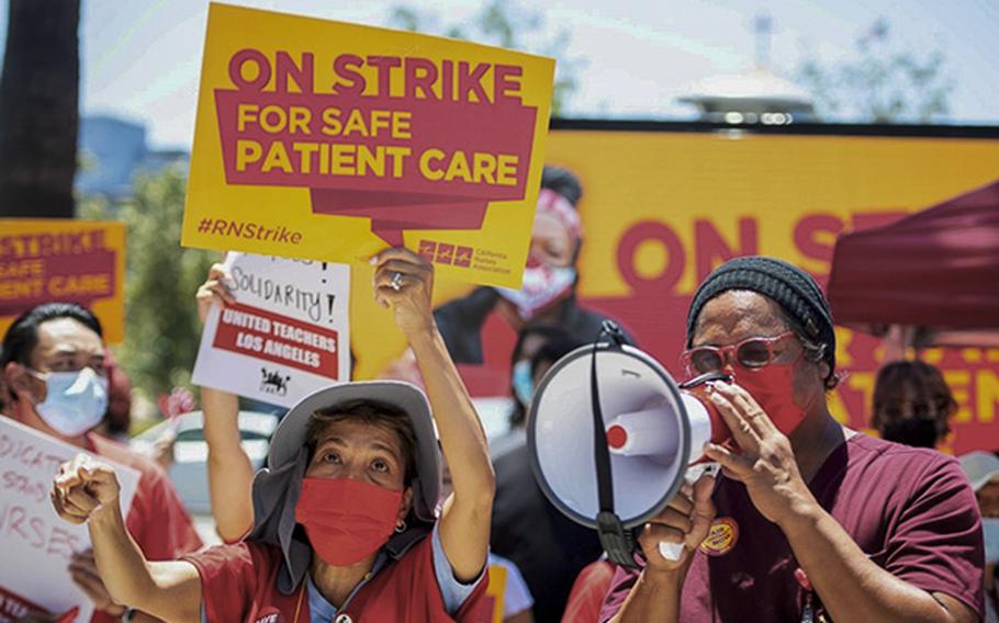 Nurses and Nurse practitioners protest in Los Angeles, Calif., in June 2022, claiming they’re understaffed and facing health and safety concerns amid the COVID-19 pandemic. 