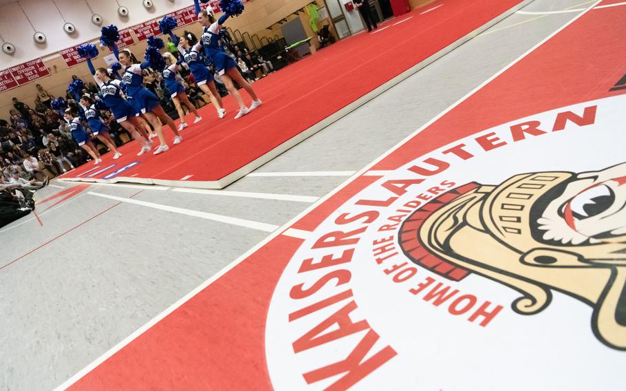 Cheerleaders from Brussels compete during the 2023 DODEA-Europe Cheerleading Championships at Kaiserslautern High School on Friday, Feb. 18.