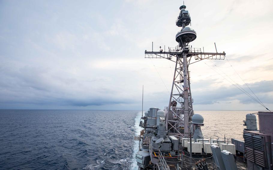 The guided-missile cruiser USS Chancellorsville sails through the Taiwan Strait on Sunday, Aug. 28, 2022.