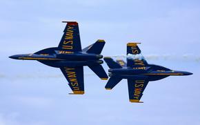 Two blue military fighter jets with yellow writing on the wings reading “US Navy” fly past one another during an air show.