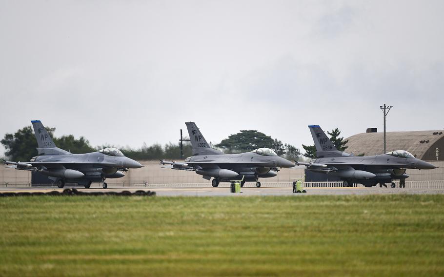 F-16 Fighting Falcons assigned to the 35th Fighter Squadron wait for inspection at Kunsan Air Base, South Korea, Sept. 21, 2021. 