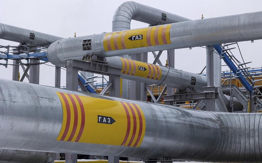 Pipes labeled “gas” in the yard of the Comprehensive Gas Treatment Unit No. 3 at the Gazprom PJSC Chayandinskoye oil, gas and condensate field, a resource base for the Power of Siberia gas pipeline, in the Lensk district of the Sakha Republic, Russia, on Oct. 11, 2021. 