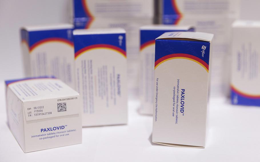 Boxes of Pfizer’s Paxlovid antiviral medication arranged in a warehouse in Shoham, Israel.