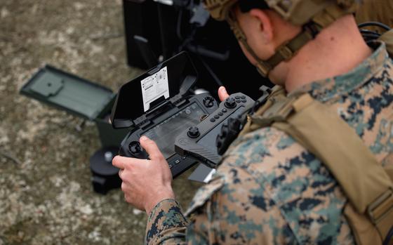 Cpl. Timothy Brockup, a first-person view attack drone operator with Weapons Training Battalion, flies a Skydio X2D drone at Marine Corps Base Quantico, Va., March 7, 2025.