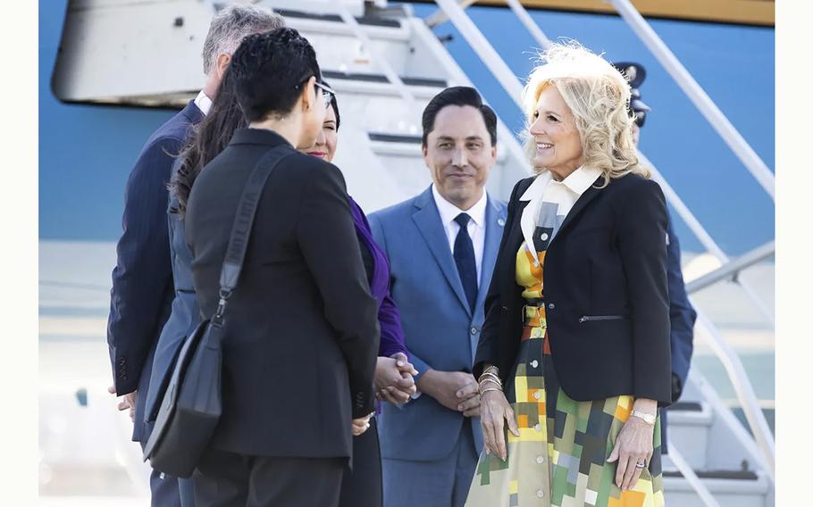 First lady Jill Biden is greeted at the airport on Feb. 3, 2022, by Mayor Todd Gloria, San Diego County Board of Supervisors Chair Nora Vargas, Jamul Indian Village Chairwoman Erica Pinto and Reps. Sara Jacobs and Scott Peters. 