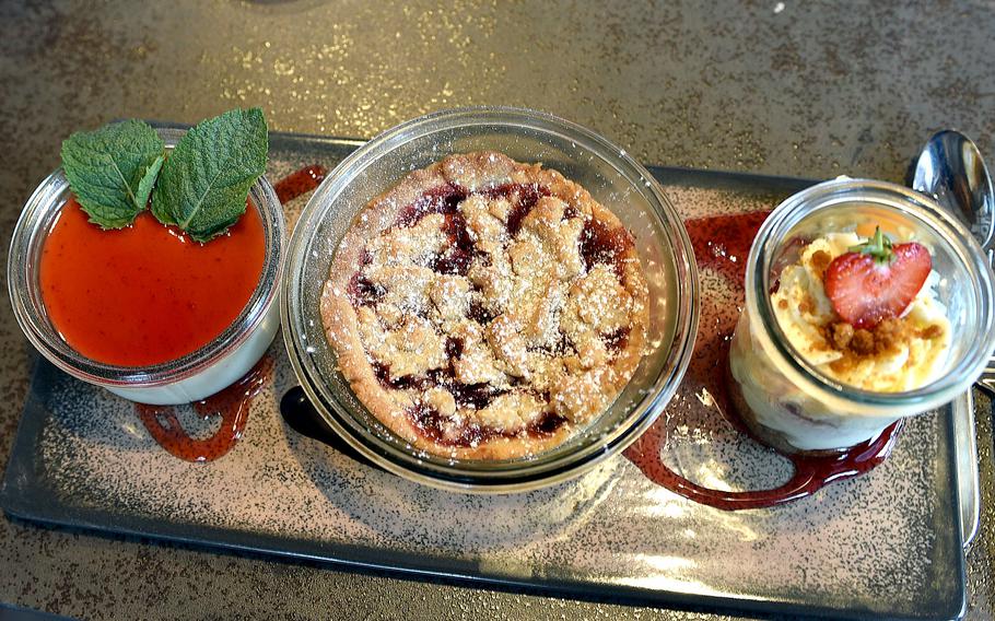 A dessert trio sits on a table.