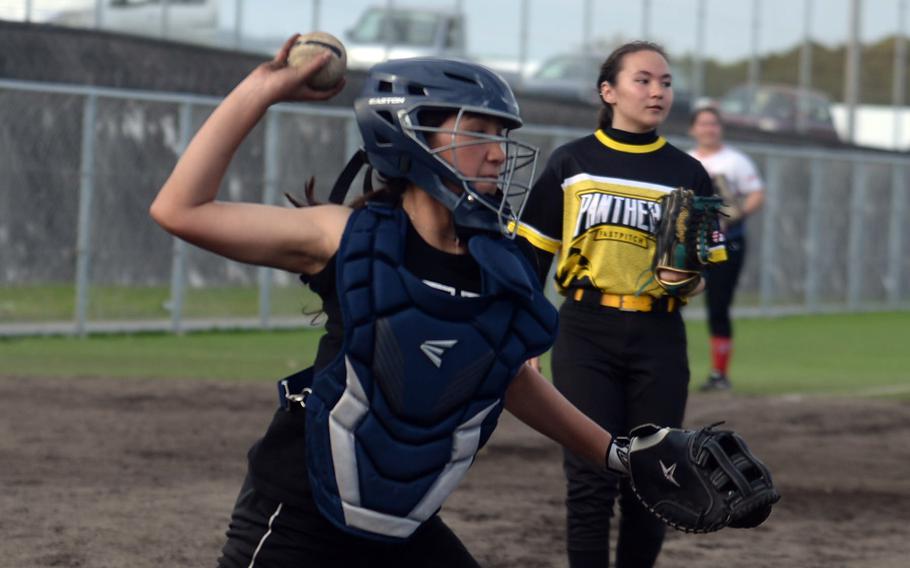 Senior Eunha Walker takes over behind the plate for Kadena’s two-time Far East D-I softball champions.