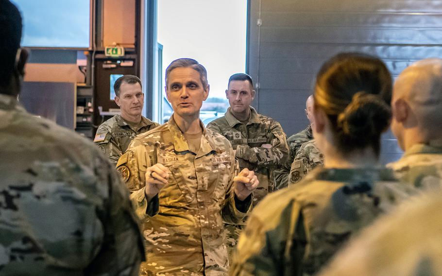 Air Force Lt. Gen. Steven L. Basham, EUCOM deputy commander, speaks to airmen at RAF Alconbury, England, Feb. 16, 2023. Basham recently said that Russia will likely continue to be a threat, regardless of the outcome of the war in Ukraine.