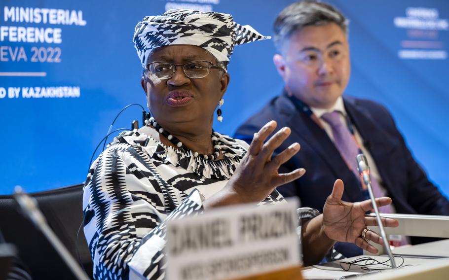 Director-General of the World Trade Organisation Ngozi Okonjo-Iweala, left, and Timur Suleimenov, Chair of the 12th Ministerial Conference, attend a press conference before the opening of the 12th Ministerial Conference at the headquarters of the WTO, in Geneva, Switzerland, Sunday, June 12, 2022.