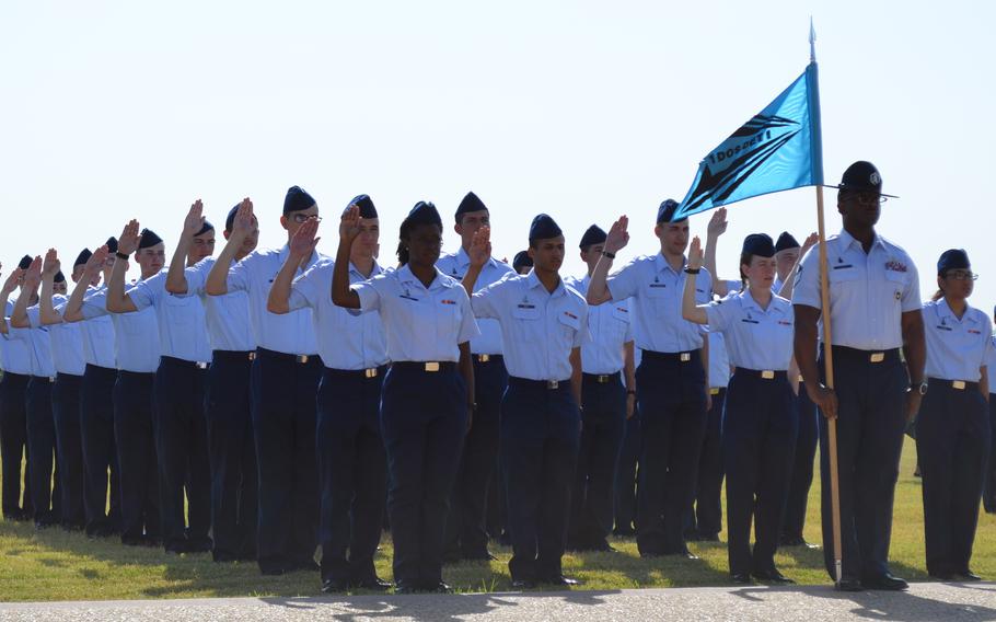 Space Force guardians recite the oath of enlistment Thursday, June 23, 2022, during basic training graduation at Joint Base San Antonio-Lackland Air Force Base in Texas.