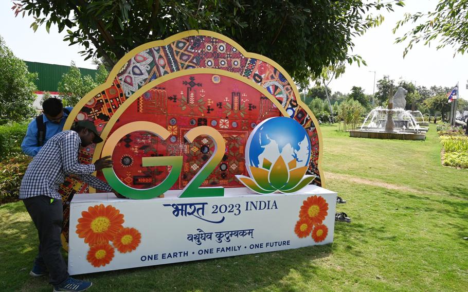 Signage ahead of the G-20 summit in New Delhi. 