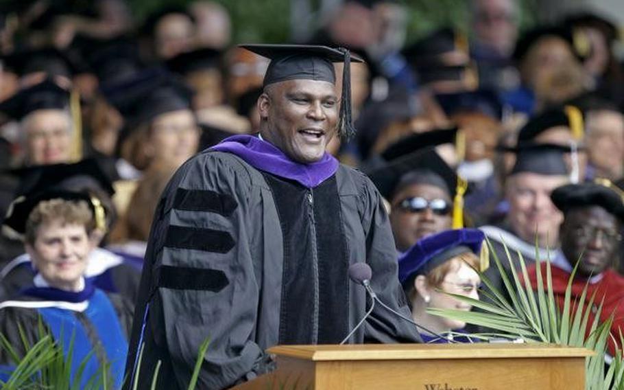 Lt. Col. Greg Gadson gives a commencement speech to graduates at Webster University at the MUNY Theatre in St. Louis, Mo., in May 2010.