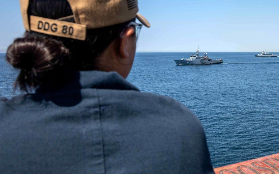 Seaman Anahi Herrera, aboard the destroyer USS Roosevelt, watches Baltic Operations, or BALTOPS, in June 2021. BALTOPS 22 takes place from June 5-17, with 16 nations, over 45 ships, more than 75 aircraft, and approximately 7,000 personnel participating.