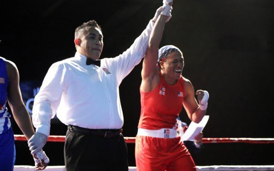 Staff Sgt. Naomi Graham is crowned champion of the women’s 75 kg weight class at the U.S. Boxing Olympic trials in Lake Charles, La., Dec. 17, 2019.