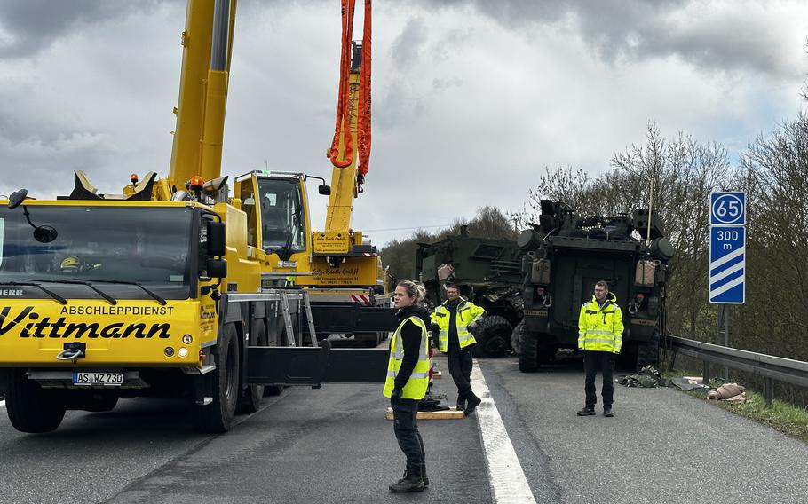 A Mine Resistant Ambush Protected vehicle is being recovered after a crash April 17, 2023, on the A6 near Amberg, Germany. Seven military vehicles were traveling between Sulzbach-Rosenberg and Amberg-West when the collision occurred. Seven soldiers were injured.