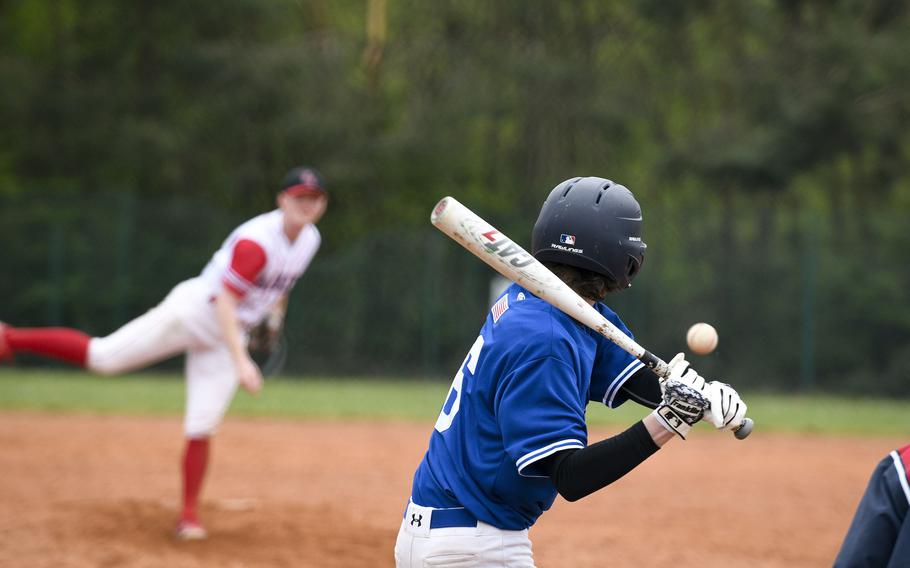 Ramstein’s Travis Ritz bats against Kaiserslautern's Bryson Lokey in a game on Saturday, April 30, 2022, in Kaiserslautern, Germany.