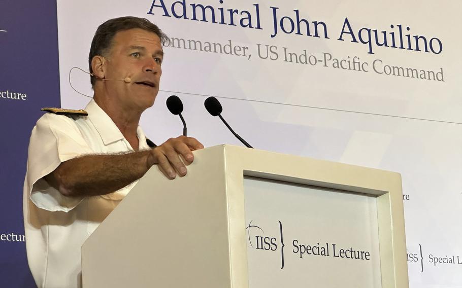 In this photo released by IISS on Thursday, March 16, 2023, Adm. John Aquilino delivers a speech at a think tank in Singapore on the topic of Managing Strategic Competition and the Quest for an Enduring Future in the Indo-Pacific.