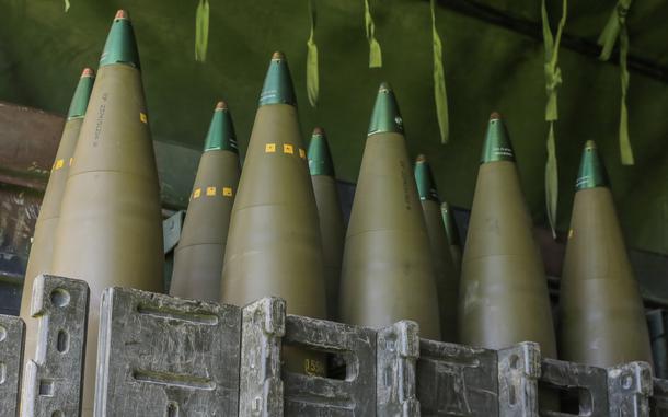 M795 High Explosive Projectile 155 mm rounds ready to be fired during an exercise at Grafenwoehr Training Area, Germany, May 2, 2025. A $635 million Army contract awarded to MSM Group North America calls for a complex at the Iowa Army Ammunition Plant in Middletown to manufacture 155 mm artillery rounds.
