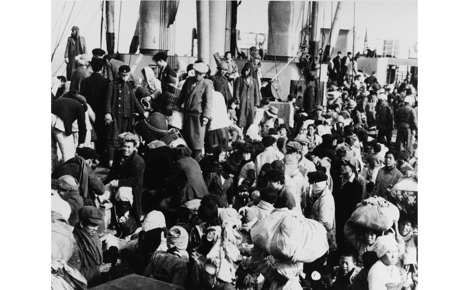 Refugees on the deck of the SS Meredith Victory during the Hungnam evacuation in December 1950.