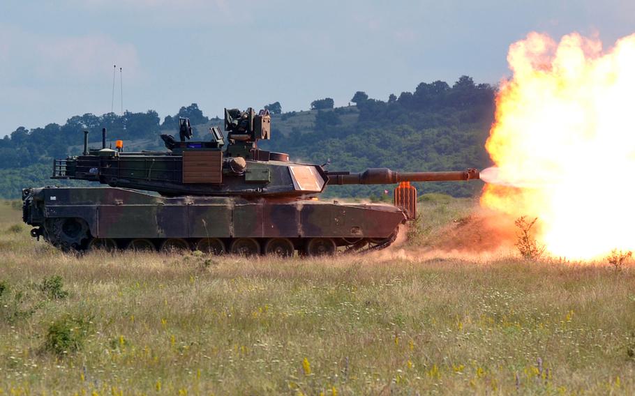 An M1A2 Abrams tank assigned to the 3rd Infantry Division fires a practice round at the Novo Selo Training Area in Bulgaria in 2015. 