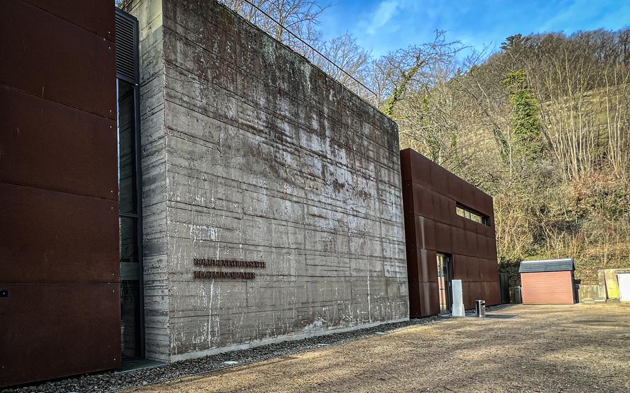 The German government bunker historical documentation site in Bad Neuenahr-Ahrweiler, Germany, Feb. 13, 2022. The simple metal and concrete facade houses the entrance to a once-secret 12-mile long tunnel system under the hillside vineyards between Ahrweiler and Dernau.