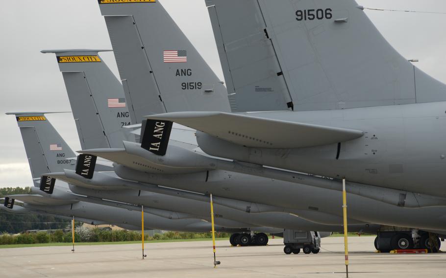 A row of U.S. Air Force KC-135 tails from the Iowa Air National Guard on the ramp at the Iowa Air National Guard’s 185th Air Refueling Wing in Sioux City in 2019. 