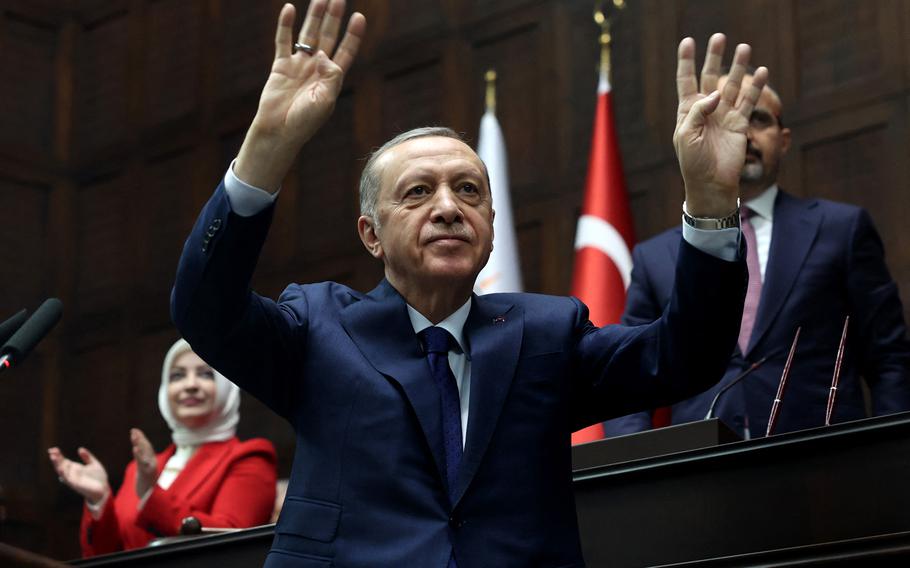 Turkish President and leader of the Justice and Development Party Recep Tayyip Erdogan attends a meeting to address the parliamentary group of his party at the Grand National Assembly of Turkey in Ankara on Jan. 4, 2023.