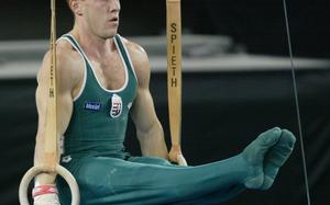 Hungarian Szilveszter Csollany performs to win gold in the men's rings final at the Gymnastics World Championships in the Foenix Hall in Debrecen, Hungary, Saturday, Nov. 23, 2002. He got 9.725 points.(AP Photo/Thomas Kienzle)