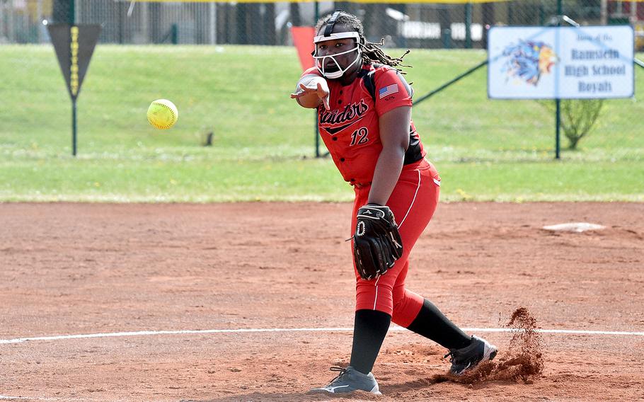Kaiserslautern junior Bevanie Cleark pitches during the first game of Saturday's doubleheader against the Royals on Ramstein Air Base, Germany.