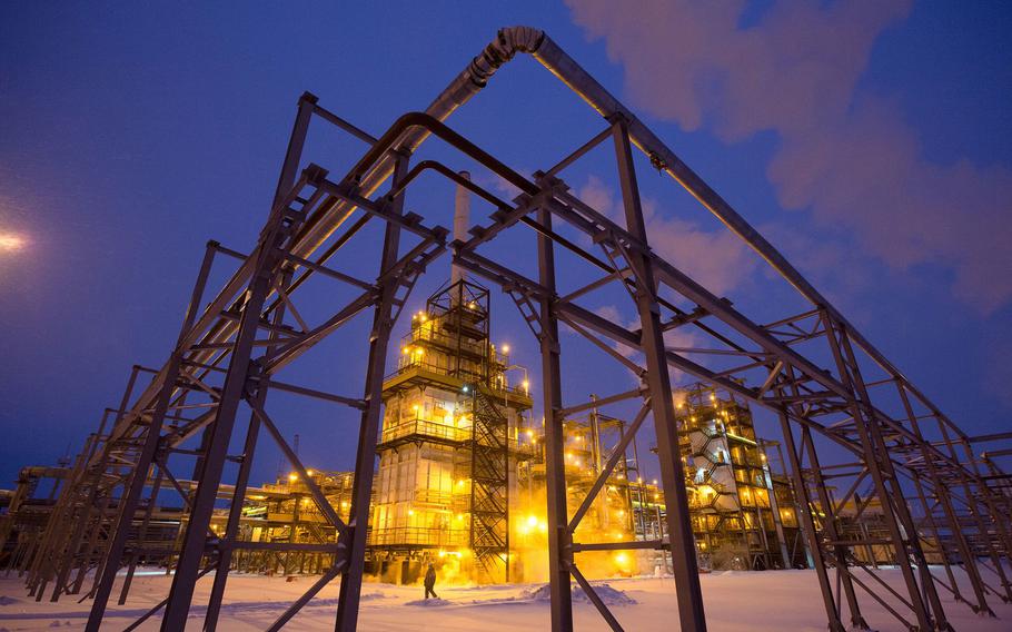 Lights illuminate the low-temperature isomerization unit at the Novokuibyshevsk oil refinery plant, operated by Rosneft PJSC, in Novokuibyshevsk, Samara region, Russia, in 2016.