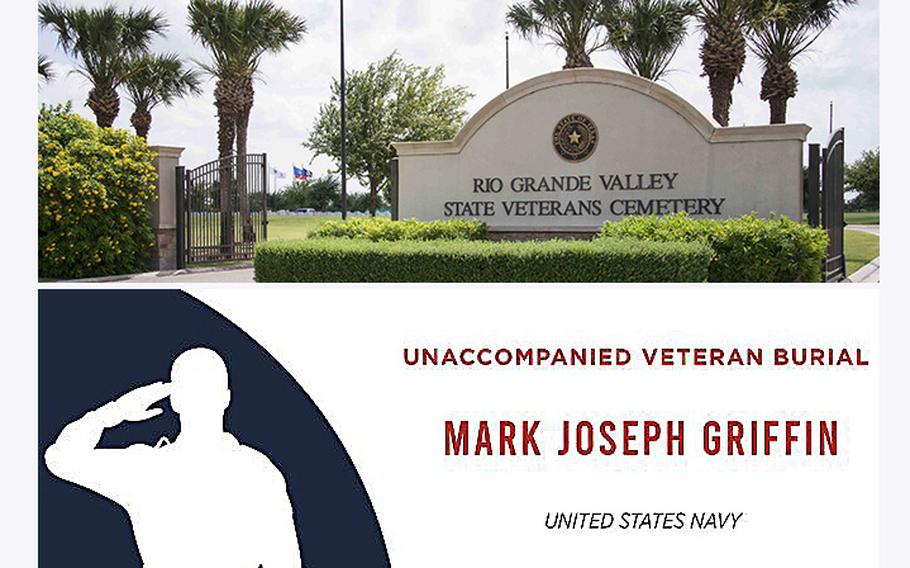 There are anywhere from four to 10 unaccompanied veteran burials a year held at the Rio Grande Valley State Veterans Cemetery in Mission, Texas. On Wednesday, Sept. 28, 2022, Navy veteran Mark Joseph Griffin would have had an unaccompanied burial at the cemetery, but veterans from multiple branches of the military gathered to say goodbye.