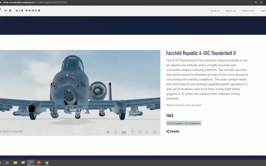 A computer-rendered model of an A-10C Thunderbolt II, affectionately known as the ‘‘Warthog,’‘ is shown on a sample page on the redesigned Air Force website.