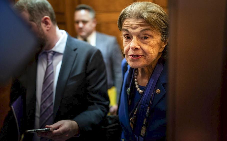 Sen. Dianne Feinstein, D-Calif., departs the Senate Chamber to vote at the U.S. Capitol on Tuesday, Feb. 14, 2023 in Washington, DC. Feinstein, California’s longest-serving senator, announced she will not run for reelection next year.