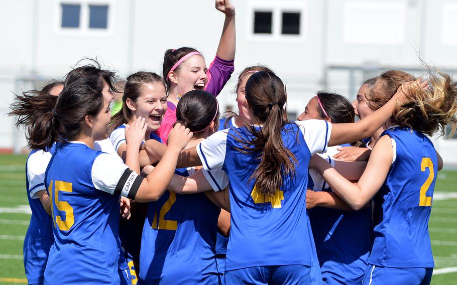 The Sigonella Jaguars celebrate their 4-2 victory over Alconbury in the girls Division III finals at the DODEA-Europe soccer finals in Ramstein, Germany, May 18, 2023.