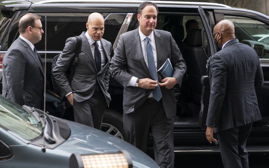 Michael Sussmann, a cybersecurity lawyer who represented the Hillary Clinton presidential campaign in 2016, arrives to the E. Barrett Prettyman Federal Courthouse, Monday, May 16, 2022, in Washington. Sussmann is accused of making a false statement to the FBI during the Trump-Russia probe.