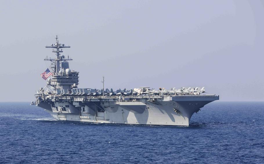 The aircraft carrier USS George H.W. Bush sails the Mediterranean Sea in January 2023. Russian naval presence in the sea has increased to levels greater than those normally seen during the Cold War, Adm. Enrico Credendino, the Italian navy chief of staff, recently told the country's parliament.