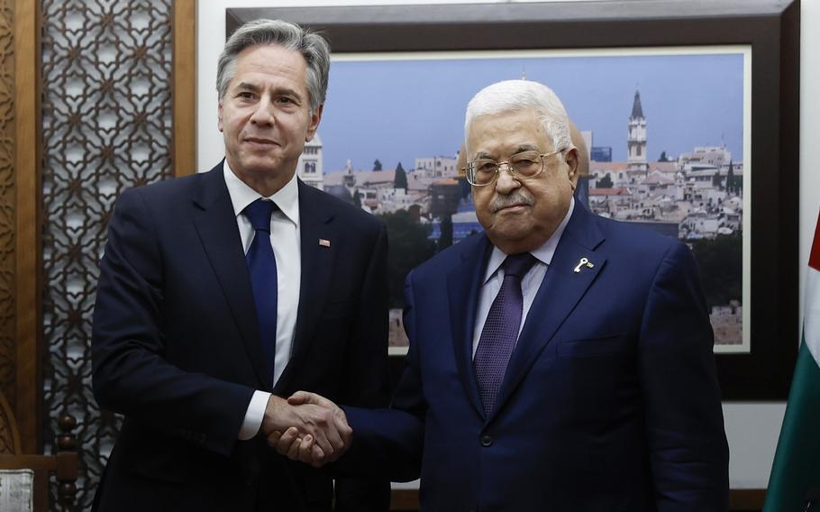 U.S. Secretary of State Antony Blinken meets with Palestinian President Mahmoud Abbas amid the ongoing conflict between Israel and the Palestinian Islamist group Hamas, at the Muqata in Ramallah in the Israeli-occupied West Bank, Nov. 5, 2023. 