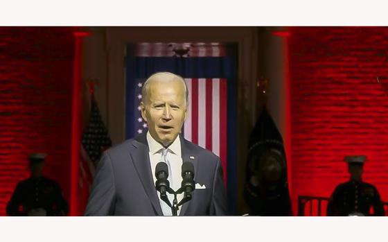A video screen grab shows President Joe Biden during a speech he gave in Philadelphia on Thursday, Sept. 1, 2022.
