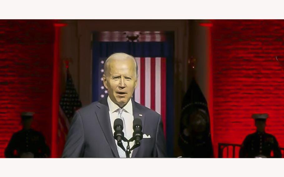 A video screen grab shows President Joe Biden during a speech he gave in Philadelphia on Thursday, Sept. 1, 2022. Two U.S. Marines standing at attention during the speech are in the background.