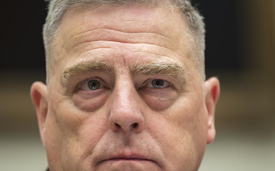 Chairman of the Joint Chiefs of Staff Army Gen. Mark Milley attends a House Armed Services Committee hearing on Capitol Hill in Washington on Feb. 26, 2020. 