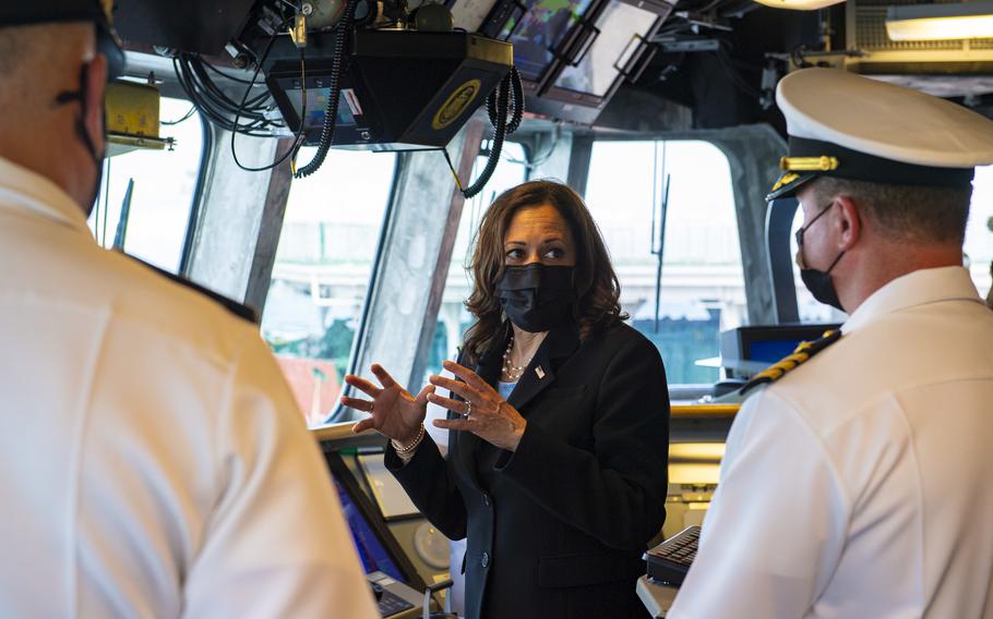 Vice President Kamala Harris visits the Independence-variant littoral combat ship USS Tulsa (LCS 16), Aug. 23, 2021. Tulsa, part of Destroyer Squadron Seven, is on a rotational deployment in the U.S. 7th Fleet area of operation to enhance interoperability with partners and serve as a ready-response force in support of a free and open Indo-Pacific region.